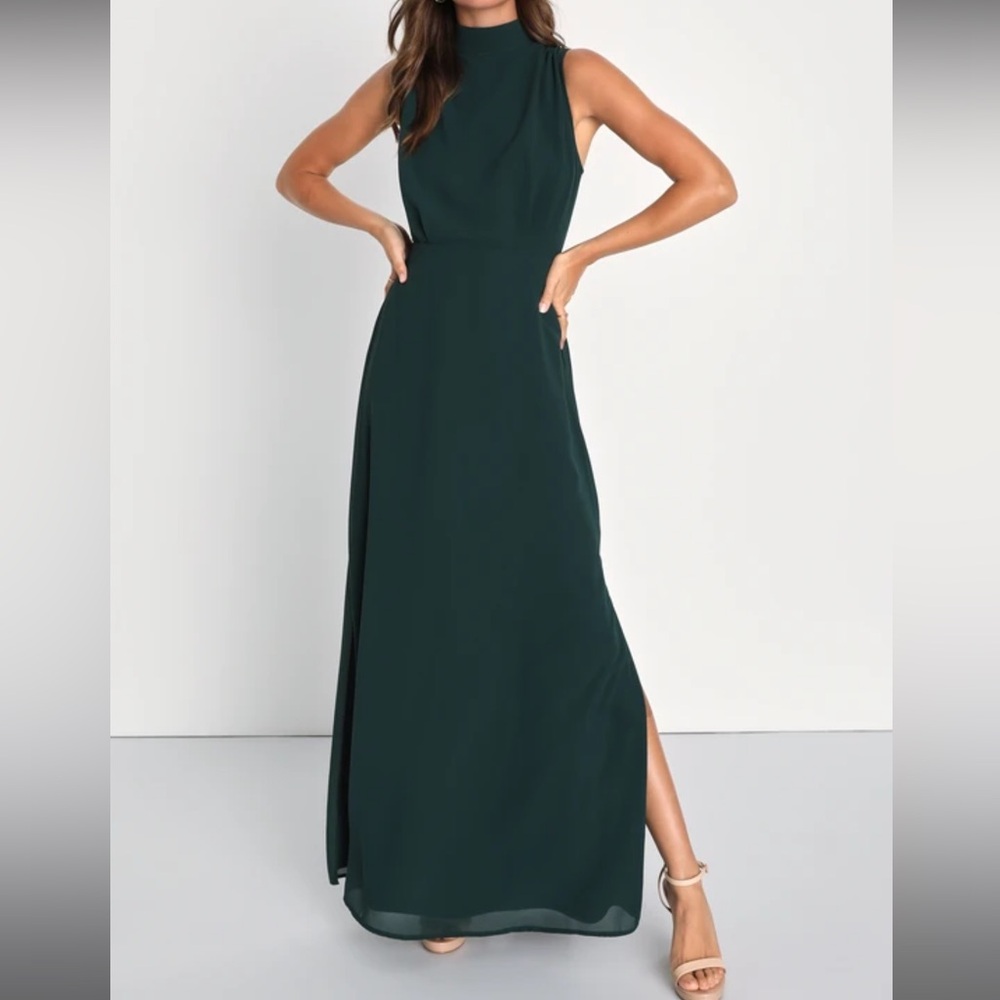 Lulus - Classic Elegance Emerald Chiffon Sleeveless Mock Neck Maxi Dress